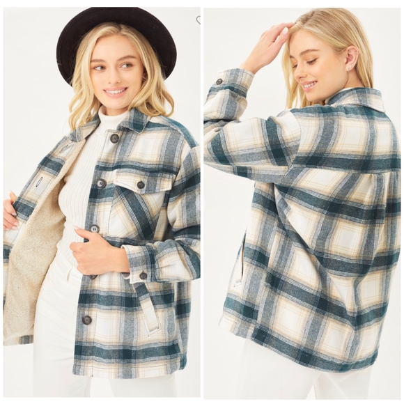 LAST ONE❗Cozy Chic Dark Teal Lined Plaid Flannel Oversized Shacket - Picture 4 of 14